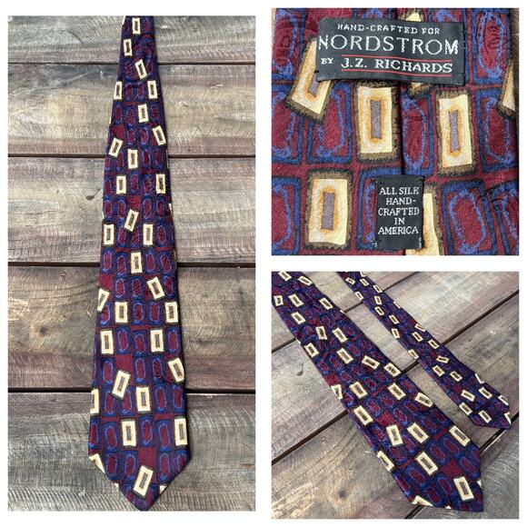 Vintage 90s JZ Richards Nordstrom Silk Tie | Burgundy Gold Geometric Made in USA - Picture 1 of 10